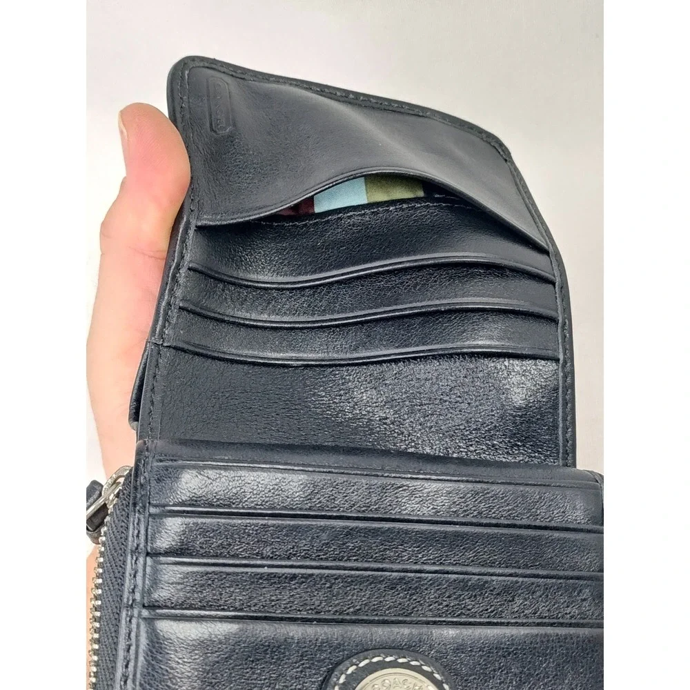 COACH 40751 Legacy Signature Stripe Bifold Compact Wallet Glitter Black Canvas